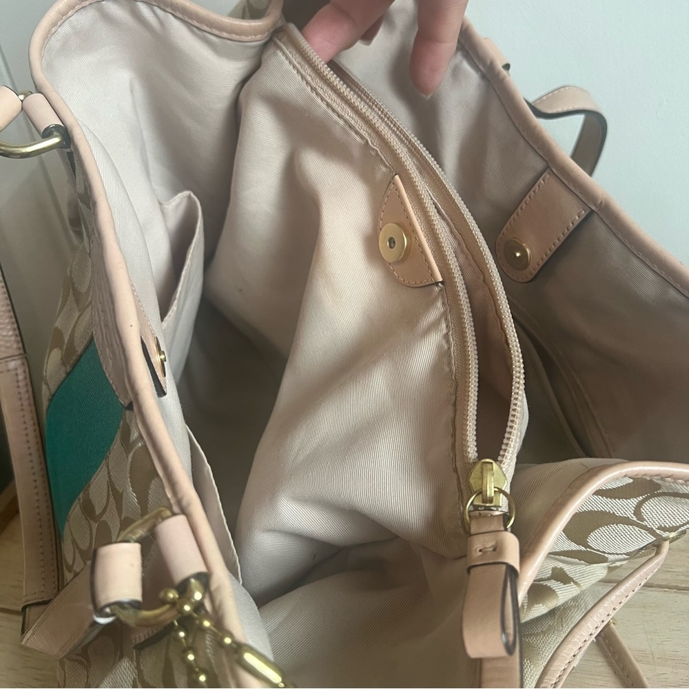 Coach Tan Signature Canvas Tote with Teal Center Stripe - Picture 12 of 16